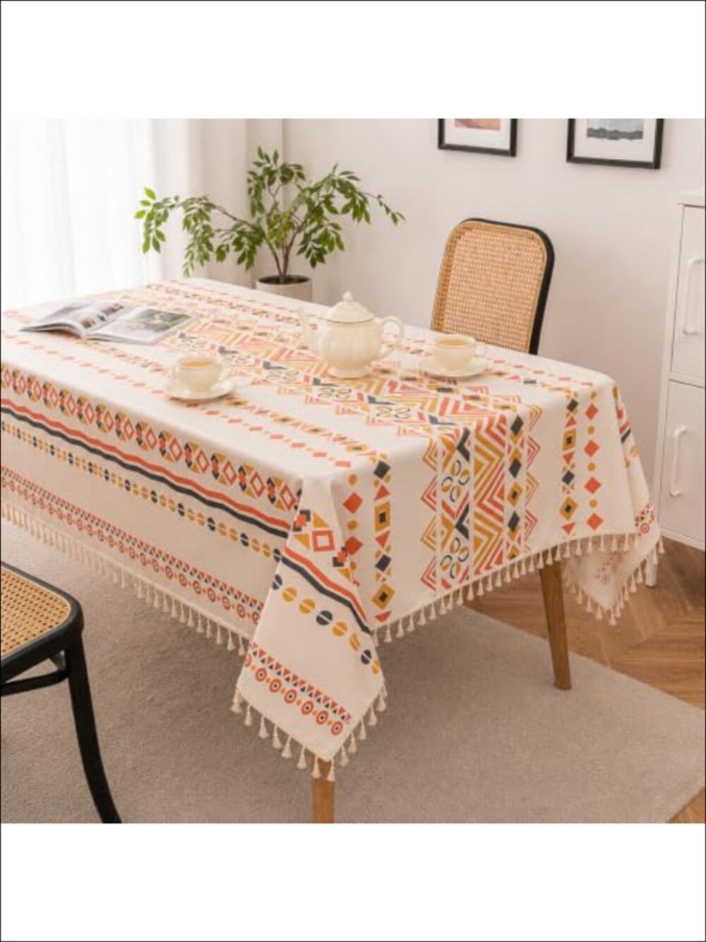 Boho Tablecloth Waterproof Rectangle Cover for 6-8 ft Tables Tassel Trim